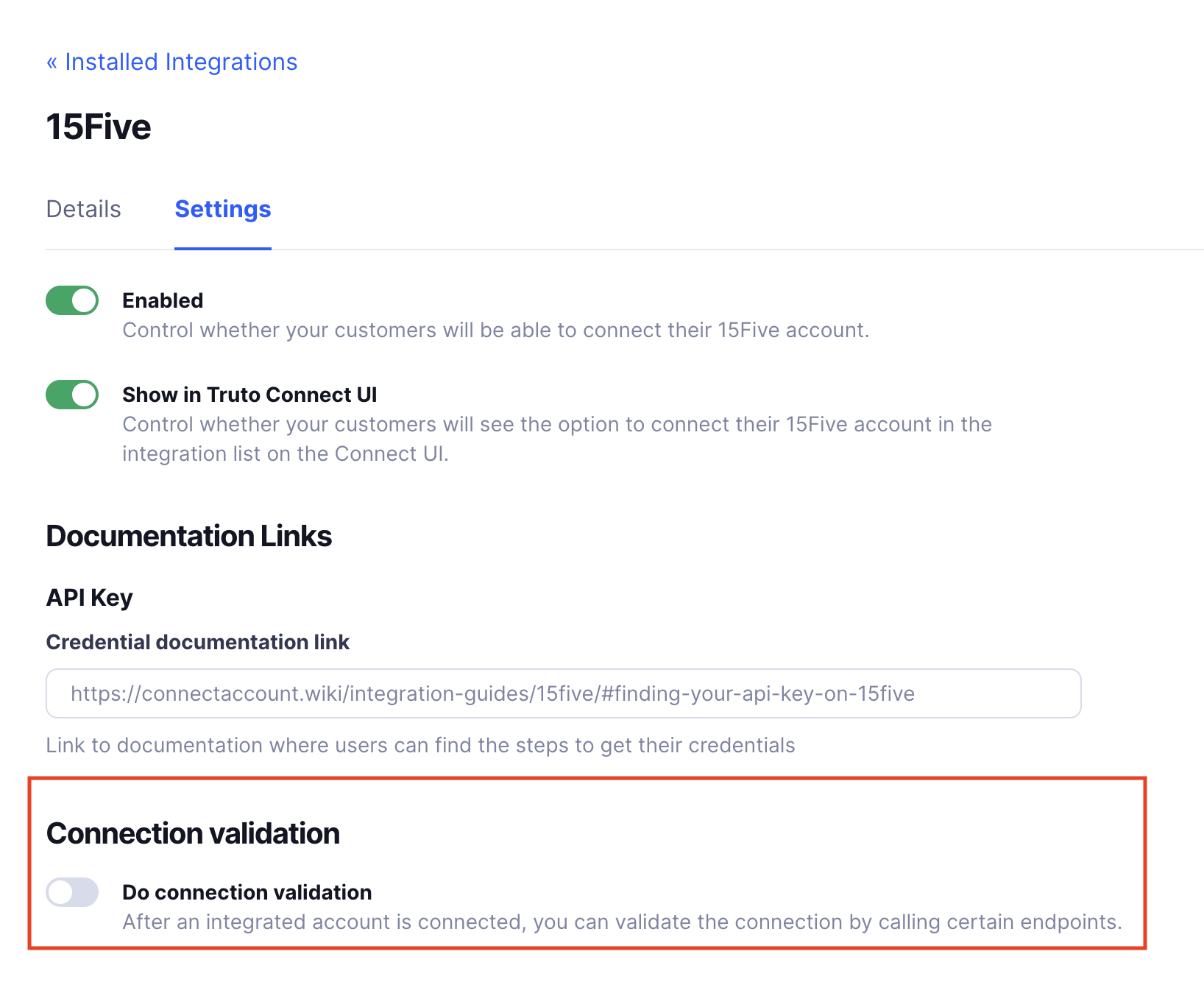 Connection Validation Enable Settings