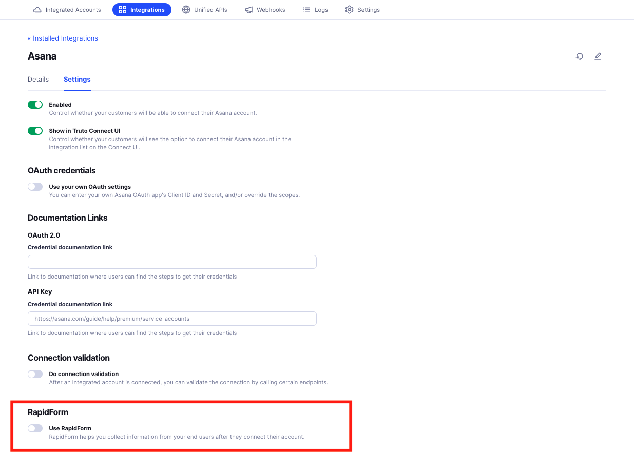RapidForm Asana Settings