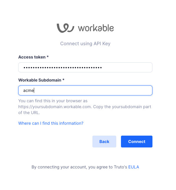Enter Workable API Access Token