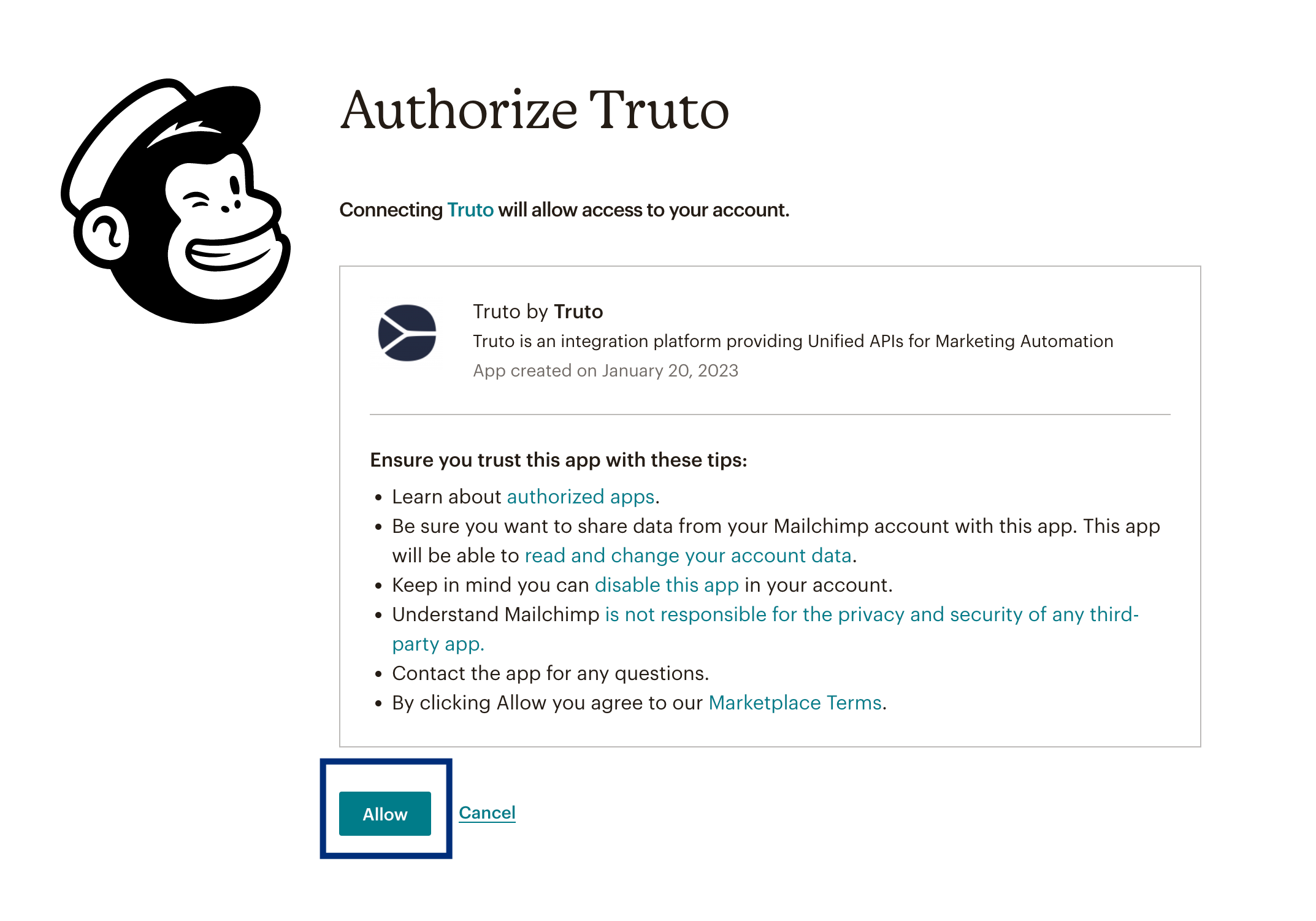 Mailchimp authorization screen