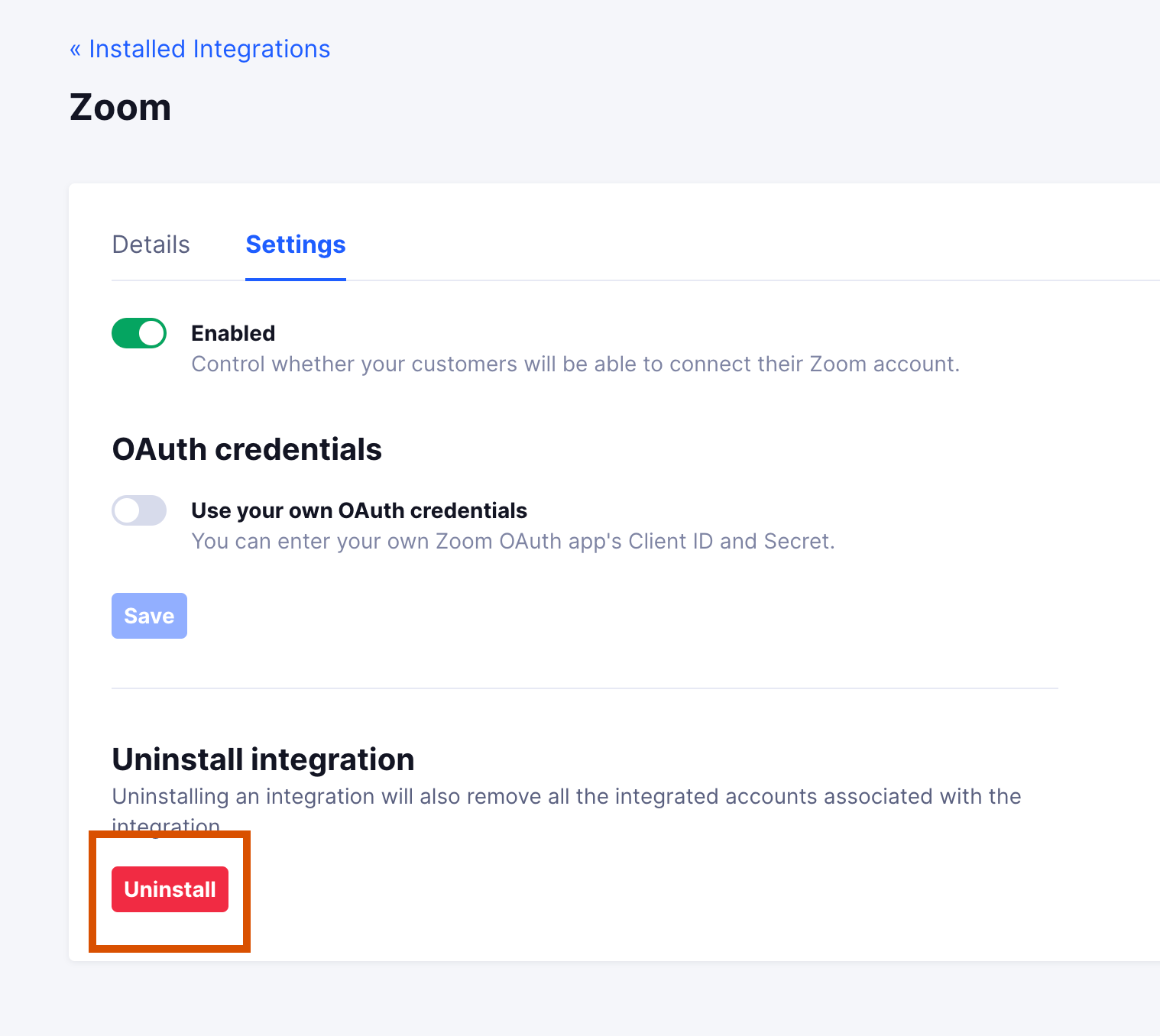 Click Uninstall to remove the Zoom integration